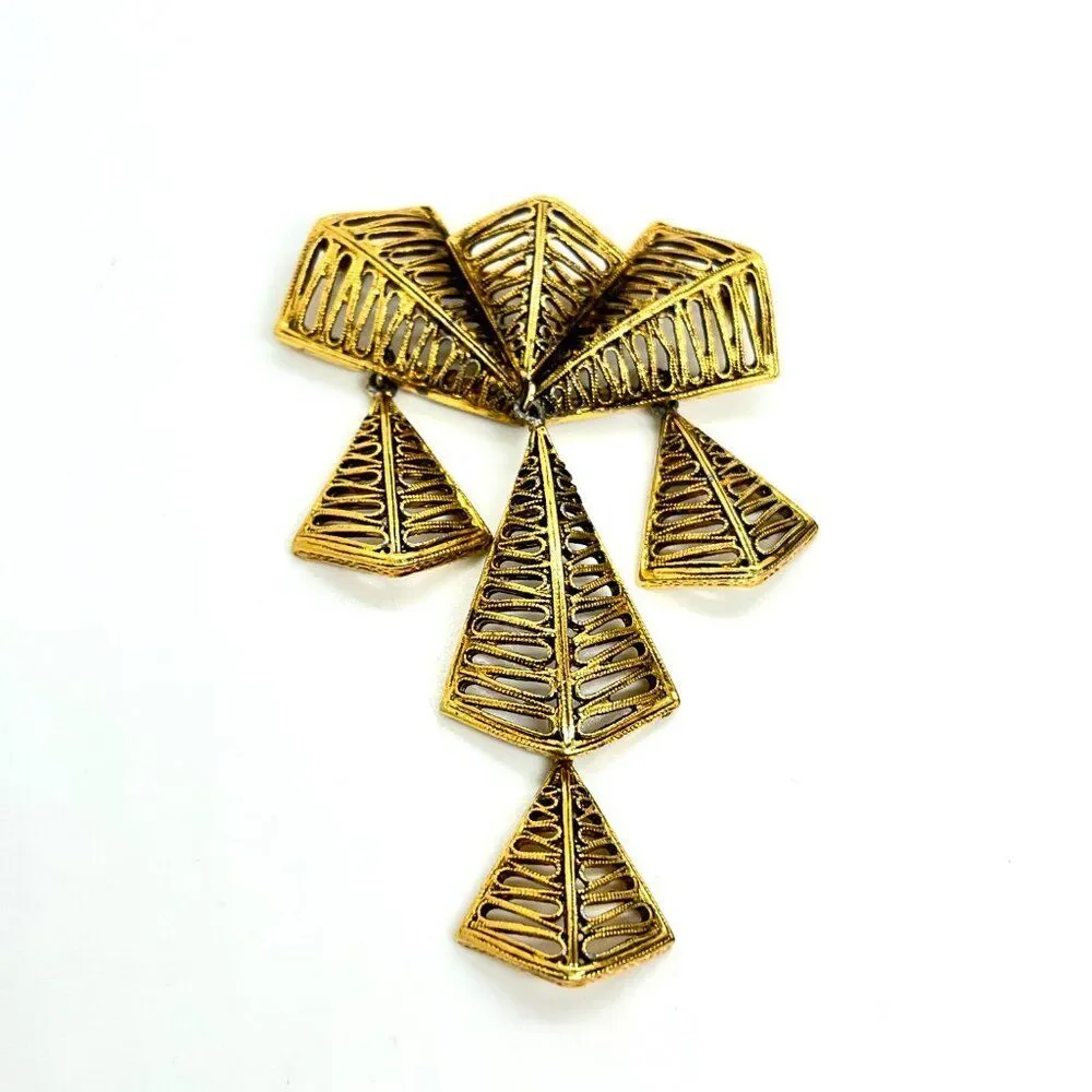 VINTAGE VENDOME BROOCH Articulated Gold Tone Modernist Geometric Dangle Pin